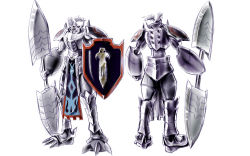 Rule 34 | armor, claws, craniamon, digimon, dk (13855103534), full armor, gauntlets, helmet, highres, horns, monster, no humans, polearm, royal knights, shield, shoulder pads, sketch, skull, solo, spear, spikes, weapon