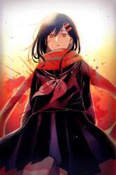 Rule 34 | 1girl, 9711sa, ambiguous red liquid, arms at sides, black hair, black sailor collar, black serafuku, black skirt, blurry, commentary, enpera, glaring, hair between eyes, hair ornament, hairclip, highres, kagerou project, long scarf, long sleeves, looking at viewer, mekakucity actors, multicolored background, neckerchief, parted lips, pleated skirt, red eyes, red scarf, sailor collar, scarf, school uniform, serafuku, skirt, solo, splatter, splatter background, stained clothes, tateyama ayano, tears, vignetting, white background, yellow background