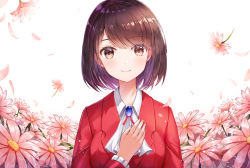 Rule 34 | 1girl, brooch, brown eyes, brown hair, flower, hand up, jewelry, looking at viewer, lunacle, red shirt, rae taylor, shirt, simple background, smile, solo, standing, upper body, watashi no oshi wa akuyaku reijou, white background, white neckwear