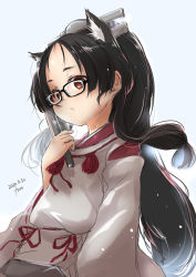 Rule 34 | 1girl, animal ear fluff, animal ears, artist name, bespectacled, black-framed eyewear, black hair, brown eyes, cat ears, folded fan, dated, folding fan, fyuo, glasses, hair tie, hand fan, high ponytail, highres, japanese clothes, kantai collection, kariginu, long hair, looking at viewer, miko, multi-tied hair, nisshin (kancolle), red ribbon, ribbon, short eyebrows, simple background, solo, thick eyebrows, very long hair, white background