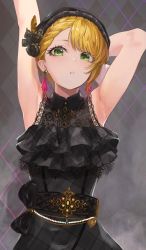 Rule 34 | 1girl, :o, absurdres, armpits, arms up, asymmetrical bangs, black dress, black headwear, blonde hair, braid, braided bangs, checkered background, cleavage, collared dress, dress, earrings, green eyes, highres, idolmaster, idolmaster cinderella girls, inumantle, jewelry, lace, lace-trimmed dress, lace trim, looking at viewer, miyamoto frederica, see-through, see-through cleavage, sleeveless, sleeveless dress, solo, upper body
