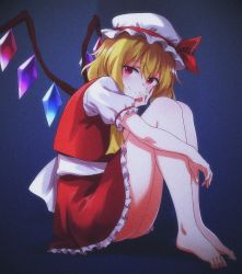 Rule 34 | 1girl, absurdres, ascot, ass, bare legs, barefoot, blonde hair, closed mouth, commentary request, crystal, dark, flandre scarlet, frilled skirt, frills, hand on own cheek, hand on own face, hat, hat ribbon, highres, huge filesize, knees up, looking at viewer, mob cap, momihige, red eyes, red shirt, red skirt, ribbon, shirt, short hair, short sleeves, sitting, skirt, skirt set, smile, solo, touhou, white hat, wings
