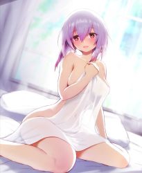 Rule 34 | 1girl, bare shoulders, bed, bed sheet, blanket, blush, breasts, commentary request, covering with blanket, curtains, dango, dango earrings, earrings, food, hacchou nenbutsu, hair between eyes, head tilt, hhh (wave), holding, holding blanket, indoors, jewelry, looking at viewer, medium breasts, navel, nude, on bed, open mouth, pillow, purple hair, red eyes, short hair with long locks, sitting, solo, tenka hyakken, wagashi, wariza, window
