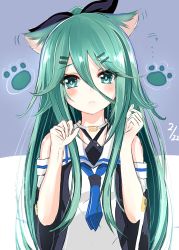 Rule 34 | 10s, 1girl, animal ears, black bow, blush, bow, cat day, cat ears, closed mouth, dated, detached sleeves, efuri (riarea00), green eyes, green hair, hair between eyes, hair bow, hair flaps, hair ornament, hairclip, hands up, highres, kantai collection, kemonomimi mode, paw print, paw print background, school uniform, serafuku, solo, yamakaze (kancolle)