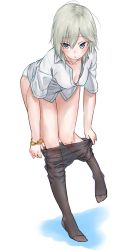 Rule 34 | 10s, 1girl, :o, anastasia (idolmaster), bad id, bad pixiv id, blue eyes, blush, breasts, cleavage, clothes pull, downblouse, dress shirt, highres, idolmaster, idolmaster cinderella girls, pantyhose, pantyhose pull, rolua, shirt, short hair, silver hair, simple background, solo, undressing