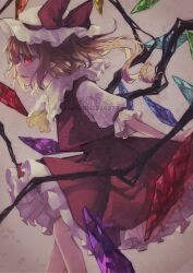 Rule 34 | 1girl, ascot, blonde hair, cowboy shot, crystal wings, dress, flandre scarlet, from side, hat, hat ribbon, highres, mare (shiori 3021), puffy short sleeves, puffy sleeves, red dress, red eyes, red ribbon, ribbon, short sleeves, simple background, solo, touhou, white background, white mob cap, yellow ascot