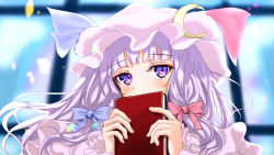 Rule 34 | 1girl, arms up, blurry, blush, book, commentary request, covering own mouth, crescent, crescent hair ornament, depth of field, double bun, fingernails, frilled sleeves, frills, hair bun, hair ornament, hair ribbon, hat, hat ribbon, head tilt, holding, holding book, indoors, kaeranu kaeru, light particles, long hair, long sleeves, looking at viewer, mob cap, patchouli knowledge, pink robe, purple eyes, purple hair, ribbon, robe, sidelocks, solo, tareme, touhou, tress ribbon, upper body, window