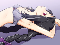 Rule 34 | 10s, 1girl, akemi homura, armpits, arms up, black hair, black hairband, bra, braid, breasts, hairband, long hair, looking at viewer, lying, mahou shoujo madoka magica, mahou shoujo madoka magica (anime), on back, open mouth, purple eyes, sat-c, small breasts, solo, twin braids, underwear