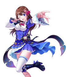 Rule 34 | 1girl, :d, ;d, absurdres, ascot, asymmetrical sleeves, black bow, blue eyes, blue skirt, bow, breasts, bridal garter, brown hair, collared shirt, frills, hair flaps, hair ornament, hands up, head tilt, highres, holding, holding microphone, hololive, lace trim, leg up, long sleeves, looking at viewer, medium breasts, microphone, mikannsisyou, miniskirt, mismatched sleeves, one eye closed, open mouth, outstretched hand, pleated skirt, pocket watch, red ascot, shirt, sidelocks, simple background, single thighhigh, skirt, smile, solo, striped, striped bow, teeth, thighhighs, tokino sora, underbust, upper teeth only, virtual youtuber, watch, white background, white shirt, white thighhighs, wide sleeves, zettai ryouiki