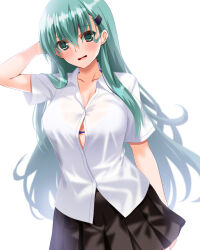 Rule 34 | 1girl, arm behind head, arms up, black skirt, blush, bra, breasts, cleavage, collared shirt, engo (aquawatery), green eyes, green hair, hair ornament, highres, kantai collection, large breasts, long hair, looking at viewer, open mouth, purple bra, see-through, shirt, skirt, smile, solo, suzuya (kancolle), unbuttoned, underwear, white shirt