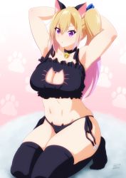 Rule 34 | 10s, 1girl, 2016, alternate costume, animal ears, armpits, arms behind head, arms up, bad id, bad pixiv id, bell, black panties, black thighhighs, blonde hair, breasts, cat cutout, cat ear panties, cat ears, cat lingerie, choker, cleavage, cleavage cutout, clothing cutout, curvy, dated, eyebrows, frills, gradient hair, hair between eyes, hair ornament, highres, jingle bell, k.ty (amejin), kawakami mai, kneeling, large breasts, long hair, meme attire, mole, mole under eye, multicolored hair, musaigen no phantom world, navel, neck bell, no shoes, panties, paw print, pink hair, purple eyes, side-tie panties, side ponytail, signature, solo, stomach, thick thighs, thighhighs, thighs, underwear, underwear only, wide hips