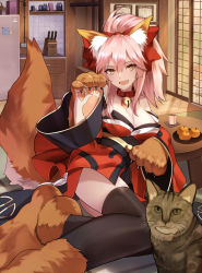 Rule 34 | 1girl, animal ears, animal hands, black thighhighs, bow, breasts, cat, cleavage, cup, fangs, fate (series), food, fox ears, fox tail, fruit, hair bow, highres, indoors, japanese clothes, kimono, looking at viewer, lying, mandarin orange, medium breasts, on side, open mouth, paw pose, paw shoes, photobomb, pink hair, ponytail, red bow, red kimono, shigure s, short kimono, sliding doors, smile, solo, table, tail, tamamo (fate), tamamo cat (fate), tamamo cat (first ascension) (fate), tamamo no mae (fate/extra), thighhighs, thighs, tsurime, yellow eyes