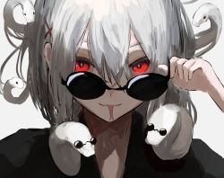 Rule 34 | 1girl, absurdres, forked tongue, glowing, glowing eyes, hair ornament, highres, looking at viewer, original, pikuson, red eyes, round eyewear, simple background, snake, snake hair, sunglasses, tongue, tongue out, upper body, white hair, x hair ornament