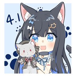 Rule 34 | 1girl, alternate costume, animal, animal ears, animalization, bandaid, bandaid on arm, beret, black hair, black hat, black jacket, blue background, blue eyes, blue hair, blush, border, bow, cat, cat ears, cat tail, cevio, chinese commentary, clothed animal, collar, colored inner hair, commentary request, cropped shirt, dated, frilled shirt, frills, futaba minato, grey fur, hair bow, hair ornament, hairclip, hat, highres, holding, holding animal, holding cat, jacket, kemonomimi mode, long hair, looking at viewer, midriff, multicolored hair, multiple hair bows, open mouth, outline, outside border, paw print, paw print background, sayo (voicevox), shirt, sleeveless, sleeveless shirt, smile, solo, tail, upper body, voicevox, white border, white outline, yu ying (puuarfmm0qqcw1f)