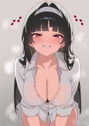 1girl absurdres astra_yao black_hair blunt_bangs breasts cleavage covered_erect_nipples earrings grin hairband heart highres jewelry large_breasts leaning_forward looking_at_viewer mana_(uyvh7375) no_bra shirt smile solo white_hairband white_shirt zenless_zone_zero