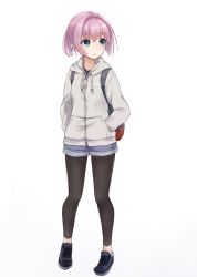 Rule 34 | 1girl, backpack, bag, black footwear, black leggings, blue eyes, casual, cat zipper, crossed bangs, full body, grey jacket, hands in pockets, highres, hood, hood down, hooded jacket, jacket, kantai collection, leggings, long sleeves, looking away, looking to the side, nuno (pppompon), official alternate costume, parted lips, pink hair, ponytail, shiranui (kancolle), shoes, short shorts, shorts, simple background, sneakers, solo, standing, white background