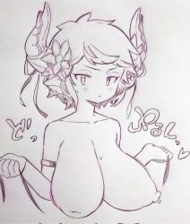 Rule 34 | 1girl, blush, breasts, closed mouth, collarbone, commentary request, corrupted twitter file, draph, flower, granblue fantasy, hair flower, hair ornament, highres, horns, inverted nipples, large breasts, looking at viewer, monochrome, nipples, nude, official alternate costume, pointy ears, solo, sturm (granblue fantasy), traditional media, tsukareta san, upper body