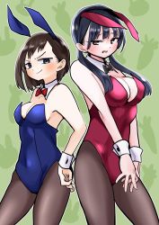 Rule 34 | 2girls, animal ears, animal print, back-to-back, black legwear, blue eyes, blue hair, blue leotard, blue necktie, blush, boku no kokoro no yabai yatsu, bow, bowtie, breasts, brown eyes, brown hair, carrot print, cleavage, contrapposto, cowboy shot, dark blue hair, detached collar, food print, green background, hand on own hip, highleg, highleg leotard, highres, ichikawa kana, large breasts, leotard, long hair, looking at viewer, low twintails, medium breasts, multiple girls, necktie, open mouth, own hands together, pantyhose, playboy bunny, rabbit ears, rabbit print, red leotard, red necktie, sakurai norio, short hair, standing, traditional bowtie, twintails, wavy mouth, wrist cuffs, yamada anna