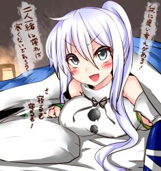 Rule 34 | 1girl, bare shoulders, bed, breasts, detached sleeves, covered erect nipples, grey eyes, hair between eyes, large breasts, long hair, mononobe no futo, ponytail, roki (hirokix), silver hair, solo, touhou, translated, under covers