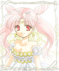 Rule 34 | 1990s (style), 1girl, bare shoulders, bishoujo senshi sailor moon, breasts, chibi usa, cone hair bun, crescent, crescent facial mark, double bun, earrings, facial mark, forehead mark, hair bun, hair ornament, hairpin, jewelry, long hair, lowres, aged up, pink hair, princess, puffy sleeves, red eyes, retro artstyle, shirataki kaiseki, small lady serenity, smile, solo, twintails
