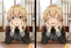 Rule 34 | 1girl, anchor hair ornament, aqua eyes, blonde hair, blurry, blush, breasts, closed eyes, commentary request, depth of field, food, fruit, hair ornament, hands on own cheeks, hands on own face, hat, head rest, heater, ibuki (abuki), indoors, kantai collection, kotatsu, long sleeves, looking at viewer, low twintails, mandarin orange, military, military uniform, multiple girls, multiple views, open mouth, prinz eugen (kancolle), smile, table, twintails, uniform