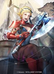 Rule 34 | 1girl, armor, axe, bag, barrel, blonde hair, breasts, cleavage, diamond (gemstone), dragon, fire emblem, fire emblem cipher, fire emblem fates, holding, holding axe, medium breasts, nintendo, official art, open mouth, p-nekor, red armor, red eyes, scarlet (fire emblem), short hair, spiked hair, unworn armor, wyvern