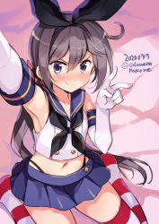 Rule 34 | 1girl, akebono (kancolle), armpits, bed sheet, black neckerchief, black panties, blue sailor collar, blue skirt, blush, collarbone, cosplay, crop top, dated, elbow gloves, flower, gloves, hair between eyes, hair flower, hair ornament, highleg, highleg panties, kantai collection, long hair, midriff peek, miniskirt, navel, neckerchief, odawara hakone, one-hour drawing challenge, panties, pink flower, pleated skirt, purple eyes, purple hair, sailor collar, shimakaze (kancolle), shimakaze (kancolle) (cosplay), side ponytail, skirt, sleeveless, solo, striped clothes, striped thighhighs, thighhighs, twitter username, underwear, v, white gloves