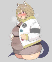 Rule 34 | ..., 1girl, animal ears, arknights, blonde hair, blue tail, blush, breasts, commentary request, covered navel, cowboy shot, cropped legs, fat, grey background, hair between eyes, hair ornament, hairclip, highres, jacket, jitome, large breasts, looking at viewer, medium hair, nimo (b45ui), open mouth, purple eyes, simple background, slit pupils, solo, sweatdrop, tail, thick thighs, thighs, utage (arknights)
