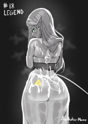 Rule 34 | 1girl, absurdres, aestheticc-meme, ass, back, cowboy shot, cum, cum on body, dress, greyscale, highres, long hair, looking at viewer, looking back, monochrome, nintendo, pointy ears, princess zelda, see-through, see-through dress, signature, solo, spot color, standing, steam, the legend of zelda, the legend of zelda: breath of the wild, triforce
