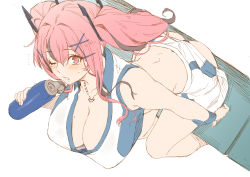 Rule 34 | 1girl, ass, azur lane, bare shoulders, blush, bottle, breasts, bremerton (azur lane), bremerton (scorching-hot training) (azur lane), cleavage, collarbone, crop top, crop top overhang, hair ornament, heart, heart necklace, jewelry, large breasts, long hair, looking at viewer, multicolored hair, necklace, official alternate costume, one eye closed, open mouth, pink eyes, pink hair, sidelocks, sitting, solo, sportswear, streaked hair, tennis uniform, thighs, twintails, two-tone shirt, two-tone skirt, water bottle, whoosaku