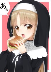 Rule 34 | 1girl, absurdres, brown eyes, brown hair, burger, capelet, eating, food, food on face, highres, holding, holding food, long hair, neck ribbon, nijisanji, nun, ribbon, sister claire, sister claire (1st costume), solo, speech bubble, subaru (subaru 9781), traditional nun, upper body, veil, virtual youtuber, white capelet, white ribbon