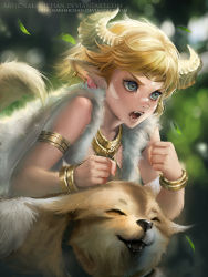 Rule 34 | 1girl, animal ears, blonde hair, blue eyes, dog, earrings, drawing on another&#039;s face, fangs, highres, horns, jewelry, lots of jewelry, open mouth, original, ring, sakimichan, short hair, watermark