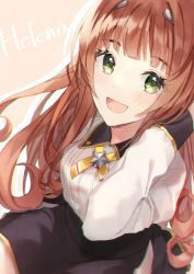 Rule 34 | 1girl, :d, absurdres, black skirt, blush, brown hair, character name, chobo ume, green eyes, helena (kancolle), helena kai (kancolle), highres, kantai collection, long hair, long sleeves, looking at viewer, neck ribbon, open mouth, pink background, ribbon, simple background, skirt, smile, solo, star (symbol), yellow ribbon
