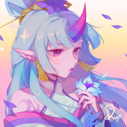 Rule 34 | 1girl, absurdres, artist name, bare shoulders, blush, collarbone, colored skin, earrings, flower, green hair, green skin, hair flower, hair ornament, hands up, highres, holding, holding flower, horns, jewelry, league of legends, long hair, multicolored background, nail polish, official alternate costume, parted lips, petals, pink eyes, pointy ears, purple flower, purple nails, red eyes, ruan chen yue, shiny skin, single horn, solo, soraka (league of legends), spirit blossom soraka, teeth