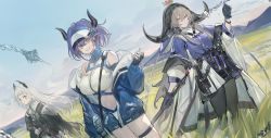 Rule 34 | 3girls, :d, absurdres, animal ears, arknights, axe, bare shoulders, belt, bikini, bikini under clothes, black gloves, black jacket, black legwear, blouse, blue jacket, blue shirt, bottle, breasts, brown hair, closed mouth, coat, cow ears, cow girl, cow horns, cowboy shot, creator connection, dutch angle, earrings, echj, feet out of frame, field, fingerless gloves, flail, gloves, grass, green eyes, head wings, highres, holding, holding weapon, horns, irene (arknights), jacket, jewelry, large breasts, long hair, long sleeves, miniskirt, mountainous horizon, multiple girls, navel, off shoulder, open clothes, open coat, open jacket, open mouth, orange eyes, pallas (arknights), pantyhose, parted lips, pleated skirt, purple hair, scar, scar across eye, scar on face, shirt, short hair, short hair with long locks, short ponytail, shoulder strap, sidelocks, sideroca (arknights), sideroca (light breeze) (arknights), skirt, smile, standing, swimsuit, thigh strap, unzipped, veil, very long hair, visor cap, weapon, white bikini, white coat, white hair, white headwear, white skirt, wings, zipper