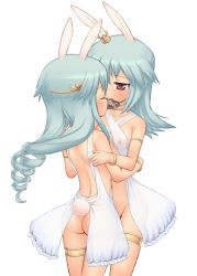 Rule 34 | 2girls, animal ears, breast press, breasts, candy, chaudlapin, chocolate, chocolate heart, food, heart, lingerie, mouth-to-mouth resuscitation, multiple girls, no panties, rabbit ears, see-through, shared food, small breasts, symmetrical docking, underwear, white background, white theme, yuri
