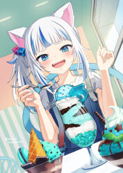 Rule 34 | 1girl, :d, animal ears, black nails, blue eyes, blue hair, blunt bangs, blush, cafe, cat ears, commentary request, cube hair ornament, food, gawr gura, gawr gura (casual), grey hair, hair ornament, highres, holding, holding spoon, hololive, hololive english, ice cream, ice cream cup, ice cream spoon, indoors, looking at object, looking at viewer, medium hair, multicolored hair, nail polish, neko no kuroko, official alternate costume, official alternate hairstyle, open mouth, parfait, pov across table, sharp teeth, shirt, short sleeves, side ponytail, smile, solo, spoon, streaked hair, suspenders, teeth, twitter username, upper body, virtual youtuber, w arms, white shirt