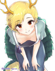 Rule 34 | 1girl, antlers, artist name, blonde hair, blue shirt, blue skirt, breasts, brown eyes, collarbone, commentary request, downblouse, dragon horns, dragon tail, feet out of frame, grin, hanging breasts, highres, horns, kicchou yachie, leaning forward, looking at viewer, nipples, no bra, shirt, short hair, short sleeves, simple background, skirt, small breasts, smile, solo, standing, tada no nasu, tail, touhou, twitter username, white background