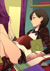 Rule 34 | 1girl, ankle boots, apron, black hair, book, boots, braid, brown eyes, clothes lift, drape, highres, light smile, messy, morii shizuki, original, profile, purple eyes, sitting, skirt, skirt lift, solo, thighs