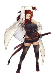 Rule 34 | arknights, belt, black leotard, black thighhighs, breasts, coat, commentary, english commentary, fingerless gloves, full body, glasses, gloves, highres, horns, katana, lab coat, large breasts, leotard, long hair, nachtness, off-shoulder coat, off shoulder, one eye closed, original, red hair, rhodes island logo (arknights), shorts, sword, tail, thighhighs, weapon