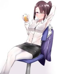 Rule 34 | 10s, 1girl, arm up, bad id, bad pixiv id, belt, black skirt, blush, boruhis, bra, breasts, brown hair, buttons, can, chair, closed mouth, collarbone, collared shirt, crossed legs, eyebrows, hair between eyes, holding, holding can, jacket, unworn jacket, kantai collection, long sleeves, medium breasts, military, military uniform, miniskirt, nachi (kancolle), one eye closed, pantyhose, pink eyes, ponytail, purple bra, shirt, simple background, sitting, skirt, solo, swept bangs, underwear, uniform, white background, white pantyhose, white shirt