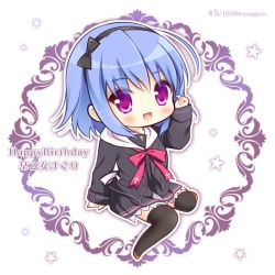 Rule 34 | 1girl, :d, black bow, black hairband, black jacket, black skirt, black thighhighs, blue hair, blush, bow, brown footwear, character name, chibi, commentary request, hair between eyes, hair bow, hairband, hand up, happy birthday, hello good-bye, hood, hood down, hooded jacket, jacket, long hair, long sleeves, looking at viewer, open clothes, open jacket, open mouth, pleated skirt, purple eyes, ryuuka sane, saotome suguri, sitting, skirt, sleeves past wrists, smile, solo, star (symbol), thighhighs, twitter username, white background
