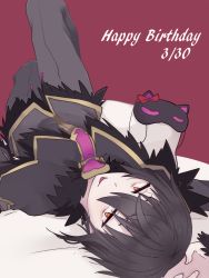 Rule 34 | 1boy, :p, black hair, dated, happy birthday, highres, killian phegor, looking at viewer, male focus, pointy ears, pop-up story, shinigami, sibayama 53, solo, tongue, tongue out, upside-down, yellow eyes