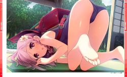 Rule 34 | 1girl, :o, absurdres, ass, backpack, bag, bare shoulders, barefoot, blush, braid, feet, flower, from behind, hair flower, hair ornament, highres, huge filesize, kantoku, looking at viewer, looking back, one-piece swimsuit, open mouth, pink eyes, pink hair, randoseru, scan, school swimsuit, single braid, soles, solo, swimsuit, tatami, toes, top-down bottom-up, tree, your diary, yua (your diary)