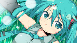 Rule 34 | 1girl, aqua eyes, aqua hair, bare shoulders, close-up, detached sleeves, dousaki shin&#039;ya, grass, hatsune miku, highres, long hair, looking at viewer, lying, necktie, on back, solo, twintails, vocaloid, wallpaper