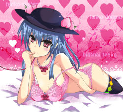 Rule 34 | 1girl, ayaya, bed, blue hair, bra, english text, female focus, finger to mouth, flat chest, food, fruit, garter belt, hat, heart, heart background, hinanawi tenshi, lingerie, no panties, peach, red eyes, solo, thighhighs, touhou, underwear