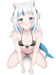 Rule 34 | 1girl, :o, animal ears, bare arms, bare legs, bikini, black bikini, blue eyes, blue hair, blunt bangs, breasts, cat ears, collarbone, eyelashes, fins, fish tail, front-tie bikini top, front-tie top, full body, gawr gura, hair ornament, highres, hololive, hololive english, hukigen dadada, kneeling, leaning forward, legs apart, looking at viewer, multicolored hair, navel, open mouth, pale skin, raised eyebrows, shark girl, shark hair ornament, shark tail, small breasts, solo, streaked hair, string bikini, swimsuit, tail, two side up, virtual youtuber, white background, white hair