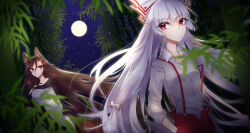 Rule 34 | 2girls, absurdres, animal ears, bamboo, bamboo forest, bow, breasts, brooch, brown hair, buttons, collared shirt, dress, forest, fujiwara no mokou, full moon, hair bow, hair ribbon, highres, hoshitsuyu, imaizumi kagerou, jewelry, long hair, long sleeves, medium breasts, moon, multiple girls, nature, night, off-shoulder dress, off shoulder, pants, red eyes, red pants, ribbon, shirt, small breasts, star (sky), suspenders, touhou, white dress, white hair, white shirt, wide sleeves, wolf ears