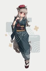 Rule 34 | 1girl, absurdres, alternate costume, animal ears, arknights, blush, closed mouth, commentary, extra ears, flower, fox ears, fox tail, frostleaf (arknights), full body, green kimono, grey hair, hair flower, hair ornament, hand up, highres, japanese clothes, kimono, looking at viewer, medium hair, obi, okobo, red eyes, sandals, sash, solo, symbol-only commentary, tail, togekk0, white background, yukata