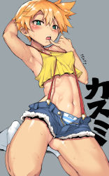 Rule 34 | 1girl, absurdres, arm behind head, armpits, blue eyes, breasts, covered erect nipples, creatures (company), crop top, crop top overhang, cutoffs, dated, denim, denim shorts, game freak, grey background, highres, imazon, kneeling, looking at viewer, midriff, misty (pokemon), navel, nintendo, no shoes, open fly, orange hair, panties, parted lips, perky breasts, pokemon, pokemon (anime), pokemon (classic anime), shirt, short hair, shorts, side ponytail, small breasts, socks, solo, striped clothes, striped panties, suspenders, tan, tanline, teeth, tongue, tongue out, underwear, wet, white socks, yellow shirt